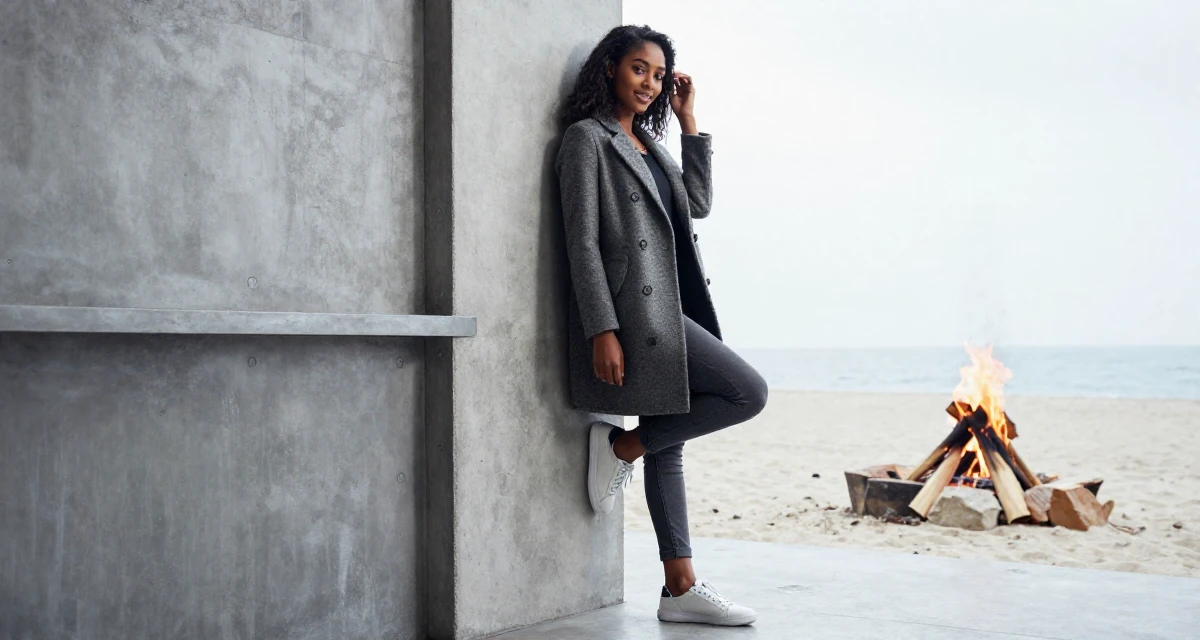 A radiant Female From Ethiopia, studied software development in their 22, creating slow-burn sensual concepts, wearing a tailored coat with casual sneakers, pushing hair from face in a photo studio.