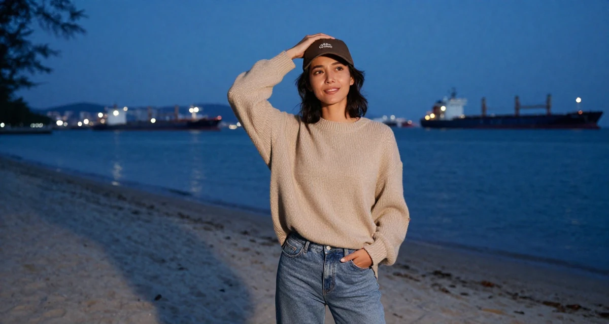 A friendly Female Once a warehouse picker, now building a creator brand from scratch in their 24, facing pressure to reinvent the brand constantly, wearing a oversized beige sweater and jeans, holding a hat in a tropical white sand beach.