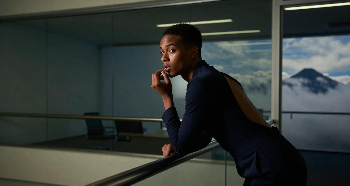 A curious and focused male From Mozambique, studied environmental science in their 23, looking sophisticated but feeling lost inside, wearing a fitted jumpsuit with an open back design, applying lipstick in a glass-walled conference room.