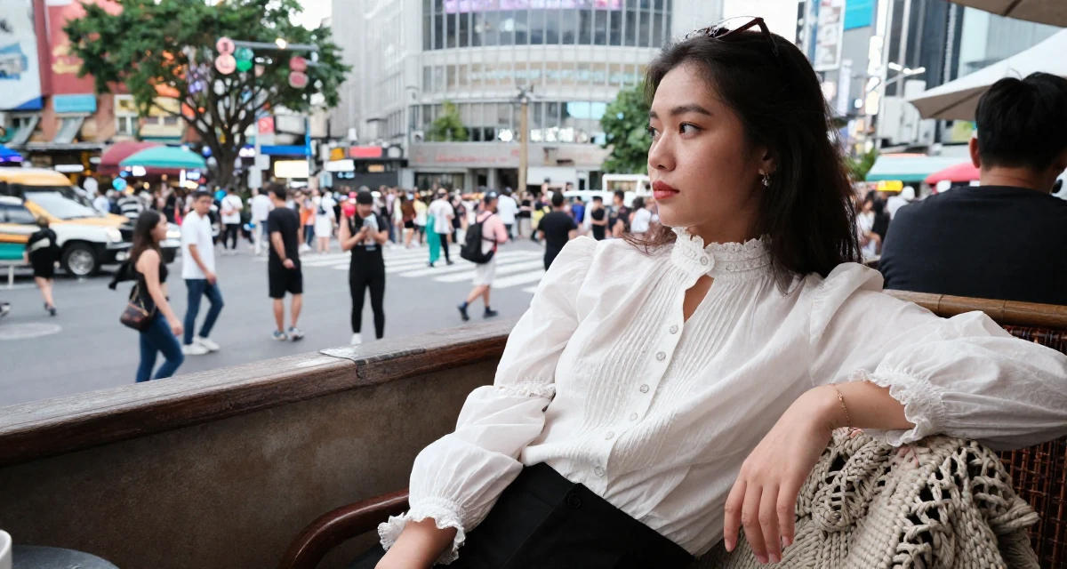 A absent-minded Female From Bangkok Thailand, learned nightclub choreography and costume design in their 22, managing new financial responsibilities, wearing a high-neck victorian style blouse and black slacks, posing for a selfie in a beach bar.