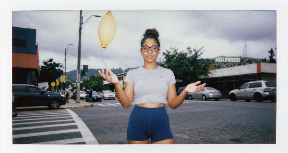 A mischievous Female From Gabon, studied oil and gas management in their 23, juggling low-paying jobs while squeezing time for content, wearing a cropped gym top and high-cut running shorts, pushing glasses up the nose in a busy intersection.