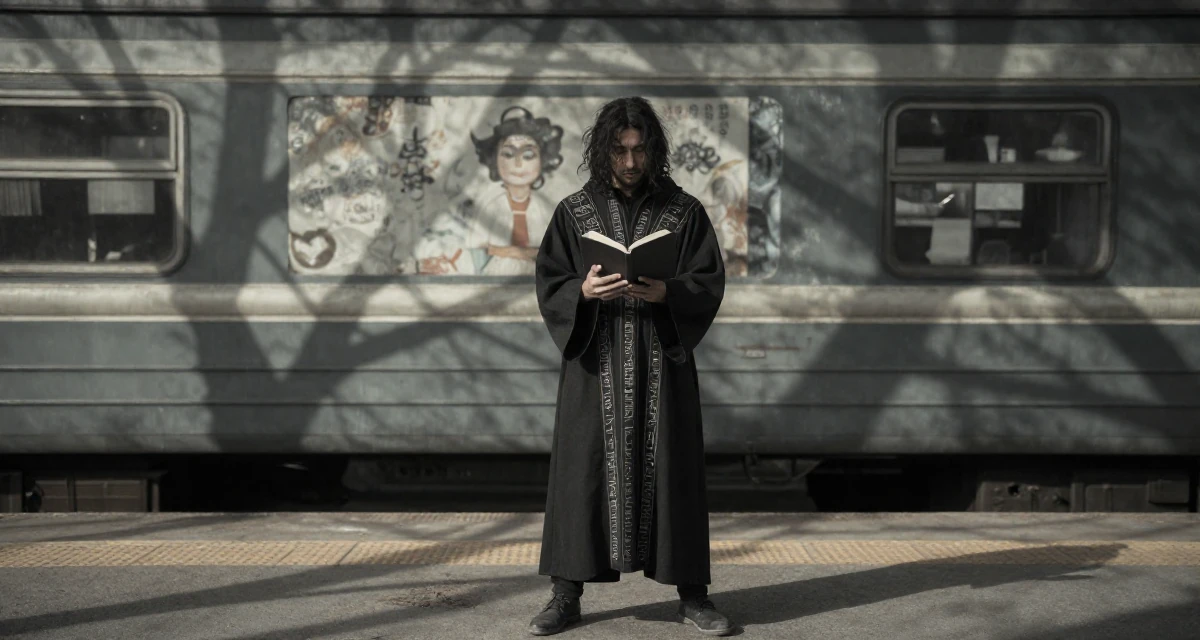 A mysterious male Once a kindergarten teacher, now a full-time lifestyle content creator in their 23, embracing flirtatious storytelling in creative sets, wearing a cultist robe with mysterious rune embroidery, reading a book intently in a train platform.