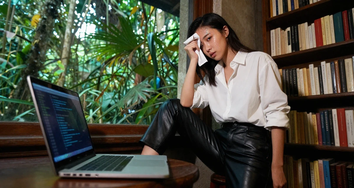 A innocent Female Once a biology student, now exploring sensual posing as art in their 25, learning responsibility through small failures, wearing a black leather trousers and a crisp white blouse, wiping sweat from the brow in a vintage bookstore.