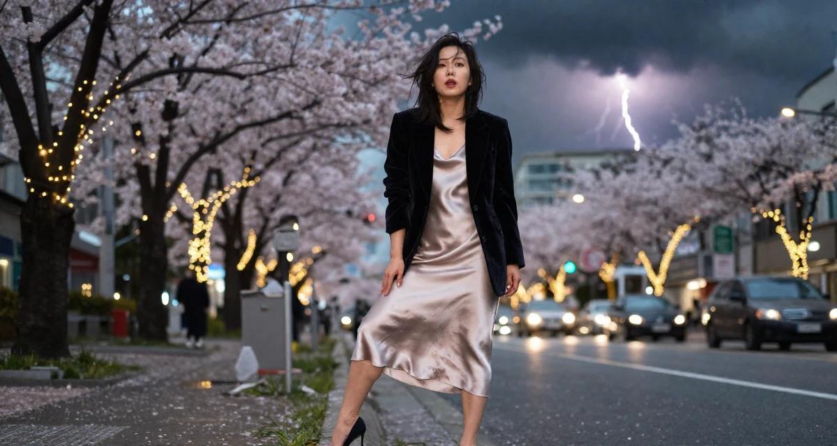 A wild Female From South Korea, studied textile design and fashion in their 41, rebuilding confidence after job loss, wearing a velvet blazer and a silk slip dress, stepping onto a curb in a cherry blossom park.