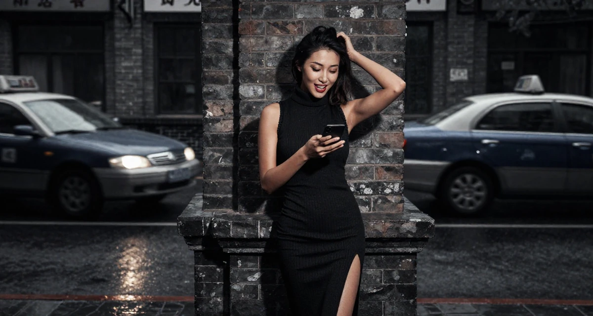 A vibrant and alive Female From Mongolia, majored in history and culture in their 23, exploring flirty aesthetics while staying within comfort zones, wearing a sleeveless turtleneck dress with high side slits, reading a text message in a rainy street corner.