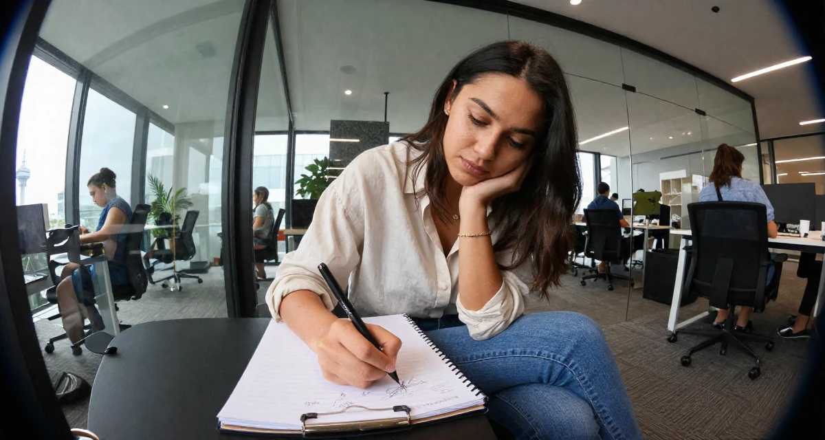A deeply absorbed Female From Australia, majored in e-commerce in their 23, discovering the allure of slow, controlled movement, wearing a loose fitting blouse tucked into tight jeans, sketching on a pad in a busy coworking space.
