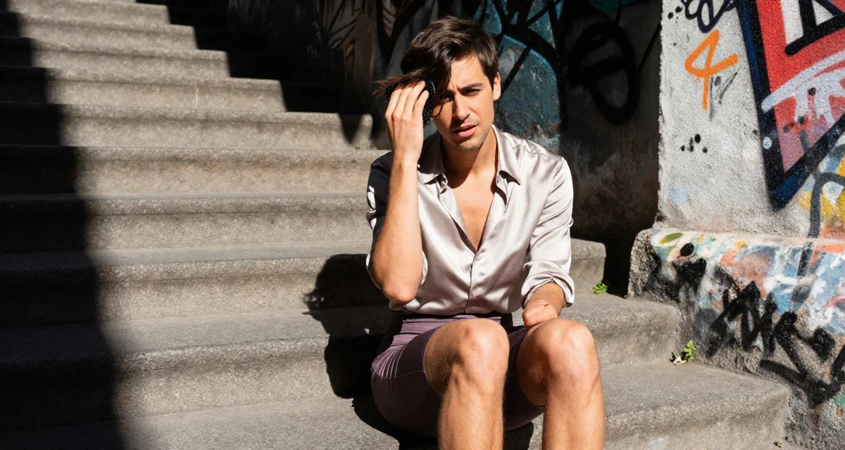 A fearless male Once a ballet dropout, now redefining movement through intimate expression in their 31, sharing tips on modern urban gardening, wearing a tight pencil skirt and a tucked-in silk blouse, brushing hair away from the face in a winding staircase.