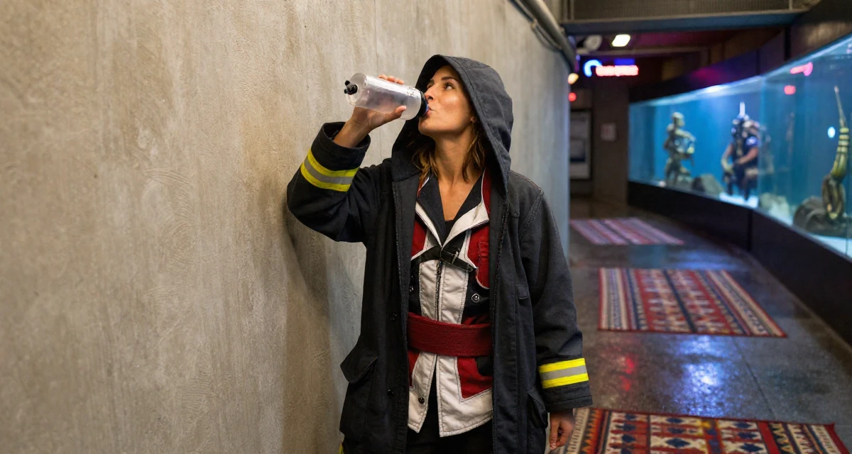 A unbothered Female Former firefighter trainee, now producing strength-based content in their 25, exploring lifestyle options and boundaries, wearing a assassin creed style hooded robe and tunic, drinking from a water bottle in a aquarium tunnel.