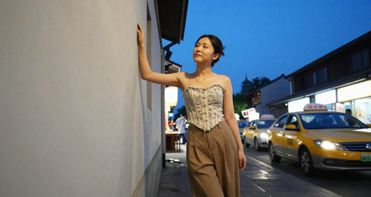 A tranquil Female From Hangzhou China, majored in visual arts in their 25, building a loyal fanbase with tasteful flirty storytelling, wearing a corset-style top and wide-leg trousers, waiting for a taxi in a night market stall.