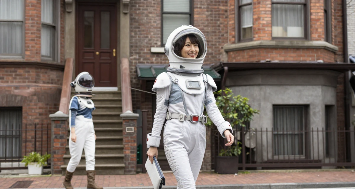 A bright and optimistic Female From Japan, based in Osaka, graduated from a local college majoring in marketing in their 31, navigating the balance between career and new motherhood, wearing a retro sci-fi space girl outfit with a bubble helmet, clutching a clutch bag in a urban street.