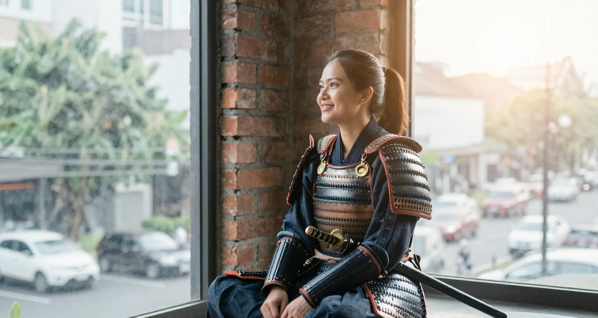 A cheerful Female From Bandung Indonesia, studied journalism in their 32, managing high-stakes projects with calm, wearing a samurai armor set with a katana at the waist, watching traffic pass by in a loft apartment with brick walls.