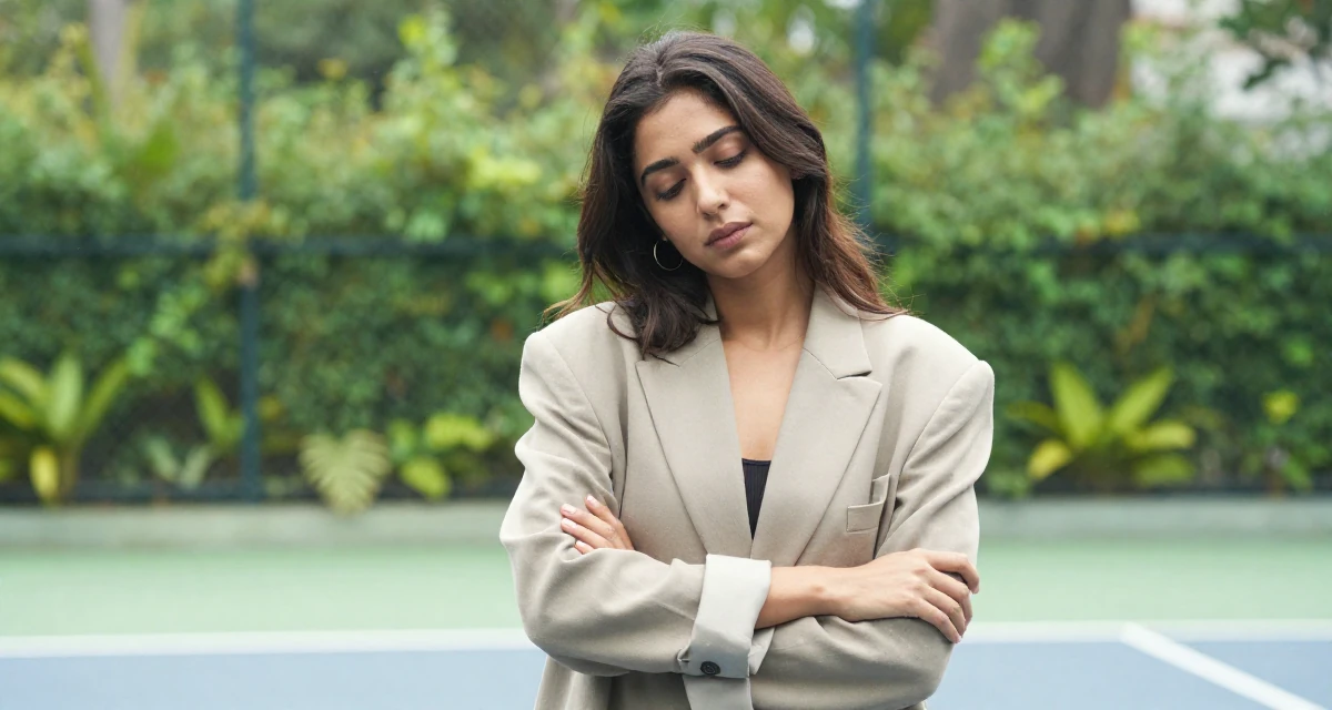 A quietly content Female From Mumbai India, studied film production in their 23, tired of the hookup culture and dating apps, wearing a oversized blazer draped over the shoulders, crossing arms confidently in a tennis court.