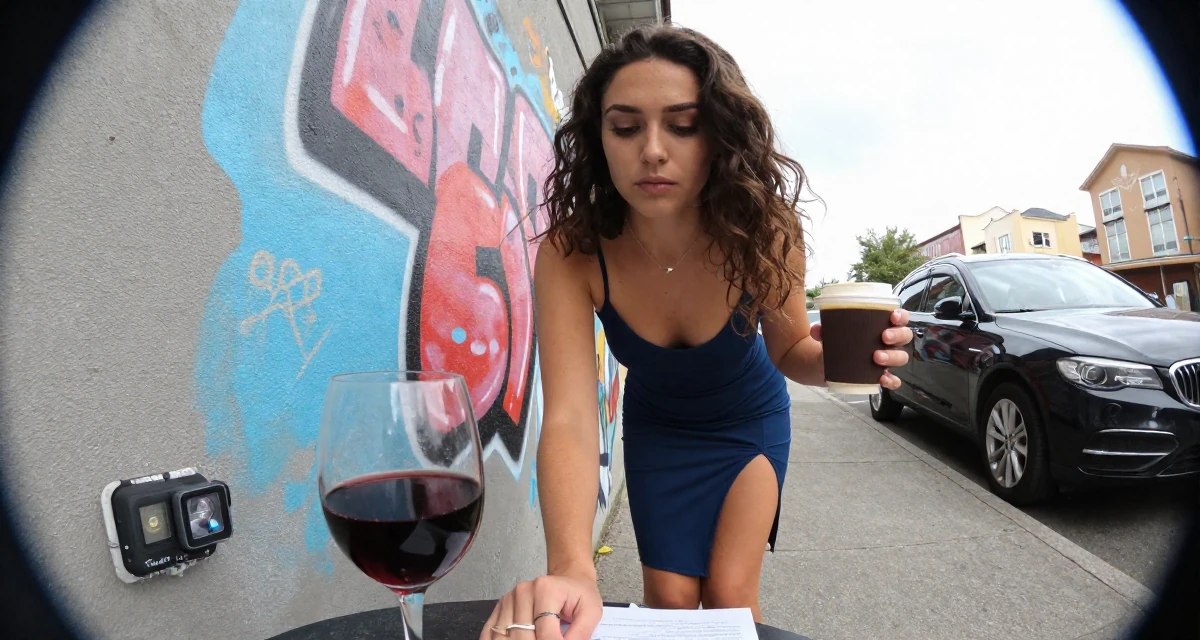 A solemn Female Once a high-school English tutor, now exploring sensual storytelling in their 25, managing tight budgets as a student, wearing a short slip dress with a thigh-high slit, holding a cup of coffee in a graffiti art wall.