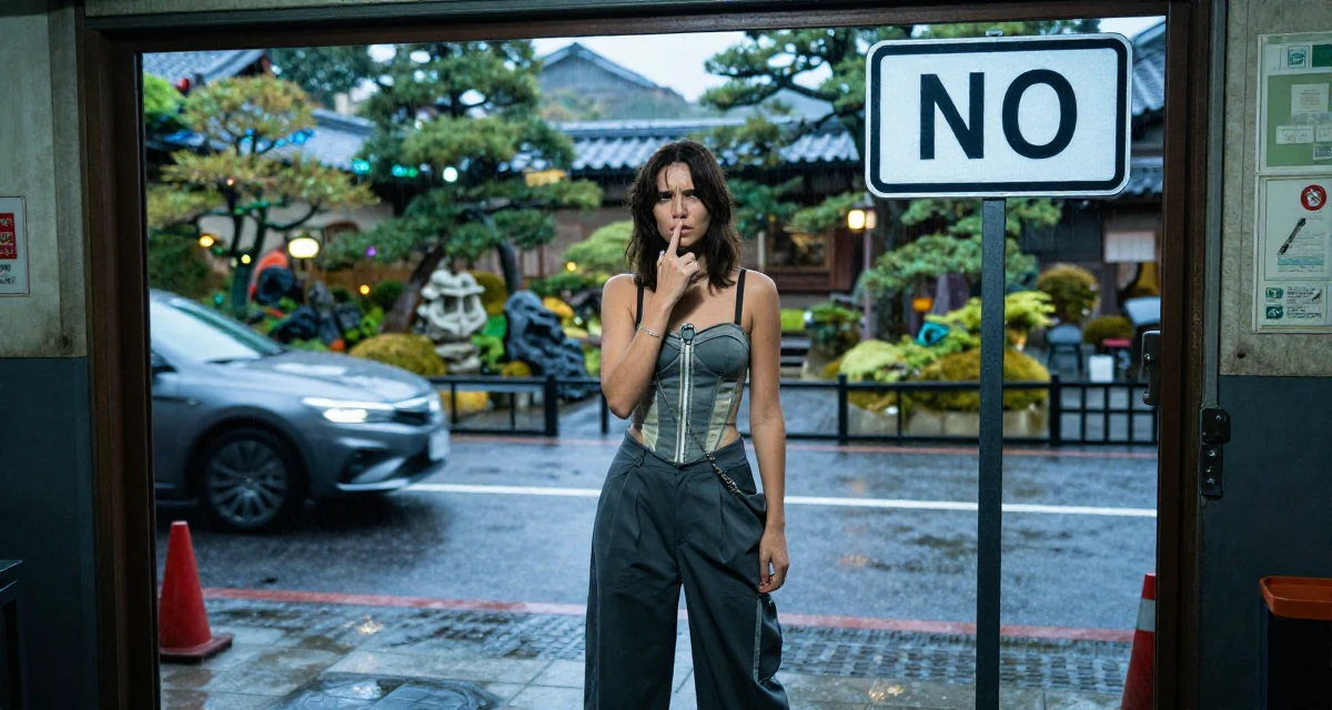 A stressed Female From Tunisia, majored in data science in their 23, learning how to say “no” to requests outside comfort, wearing a corset-style top and wide-leg trousers, looking at a street sign in a mechanic garage.