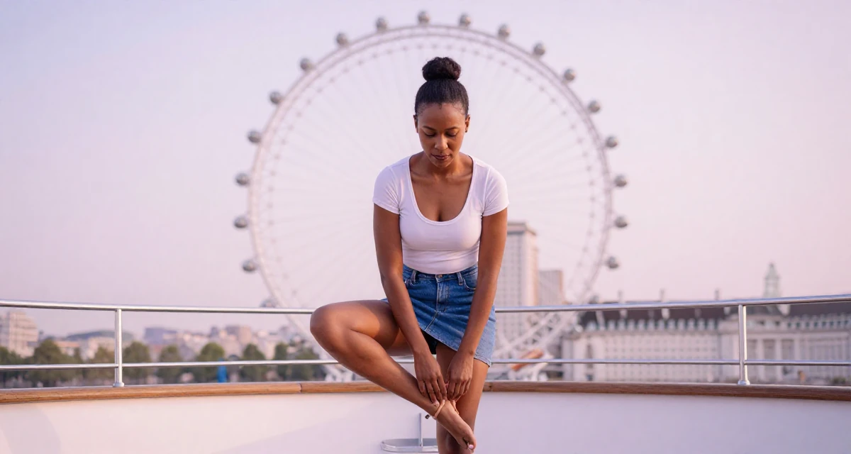 A magnetic Female From Nairobi Kenya, trained in expressive dance and confident movement in their 23, balancing vulnerability and professionalism, wearing a fitted scoop neck tee and a denim mini skirt, tying a shoelace in a yacht deck.