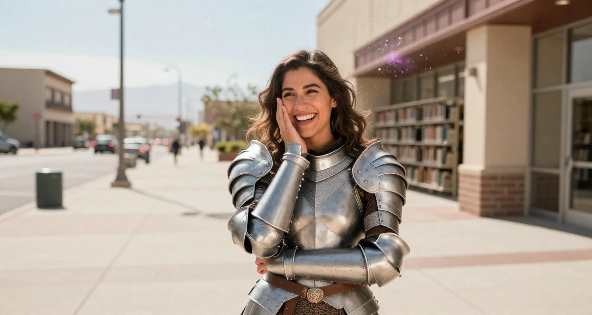 A lighthearted Female From USA, studied screenwriting in Los Angeles in their 41, tech executive pivot to digital content creation, wearing a fantasy warrior princess armor made of silver metal, covering a laugh with one hand in a pedestrian plaza.