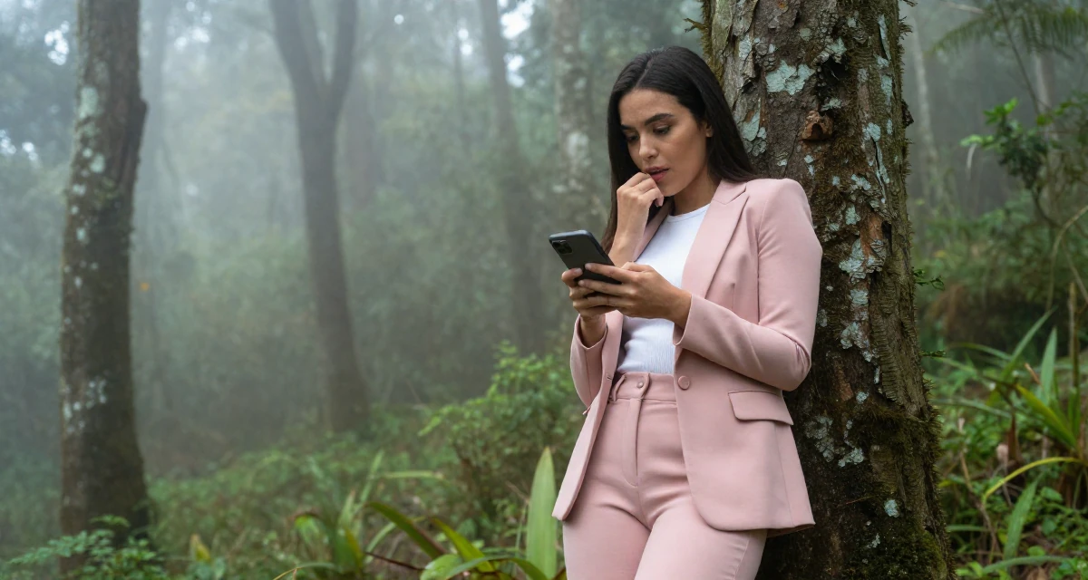 A curious and focused Female Born in Colombia, majored in media innovation in their 22, biting a lip while checking a phone, wearing a tailored pantsuit in pastel pink with a white top, scrolling casually in a dense misty forest.