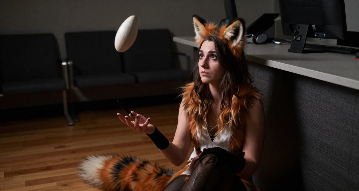 A distracted Female From Canada, majored in anthropology in their 24, juggling edits, shoots, and a boss who texts on weekends, wearing a fox spirit (kitsune) outfit with fluffy ears and tails, holding a pen in a waiting room.