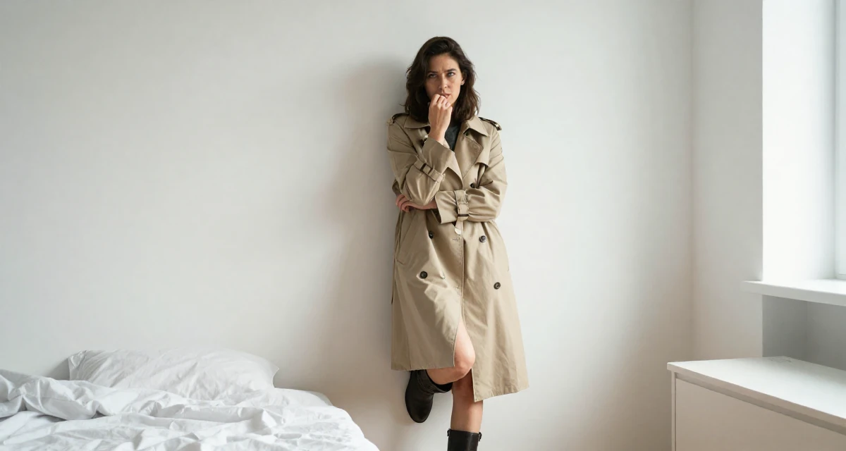 A suspicious Female Once a biology teacher, now exploring artistic movement expression in their 24, embracing weekends of solitude and rest, wearing a timeless trench and boots, biting a lip thoughtfully in a minimalist bedroom.
