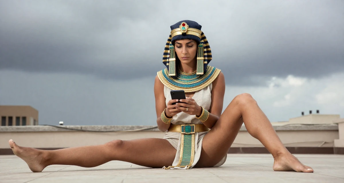A determined Female Former swim team athlete, now building a fitness-focused fanbase in their 33, embracing a solo travel lifestyle, wearing a egyptian queen costume with gold collar and linen, checking a phone in a rooftop terrace.
