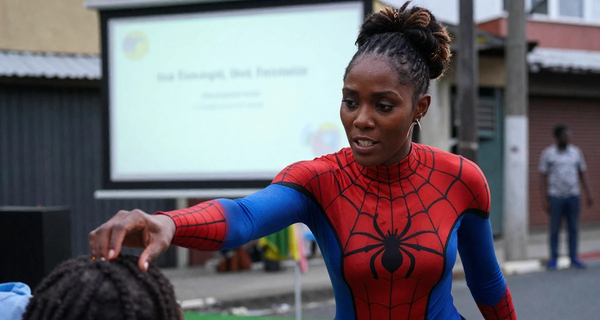 A rebellious Female From Jamaica, studied event management in their 34, advocating for eco-friendly parenting, wearing a spider-themed villainess suit, biting the lower lip softly in a urban street.