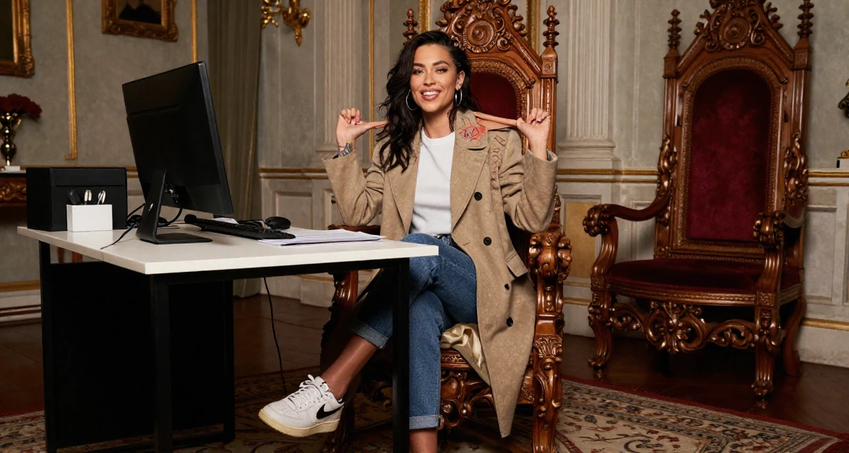 A glowing Female Once a tattoo shop cashier, now modeling body-art-centric content in their 34, managing a remote team from a home office, wearing a tailored coat with casual sneakers, cracking knuckles in a royal palace throne room.