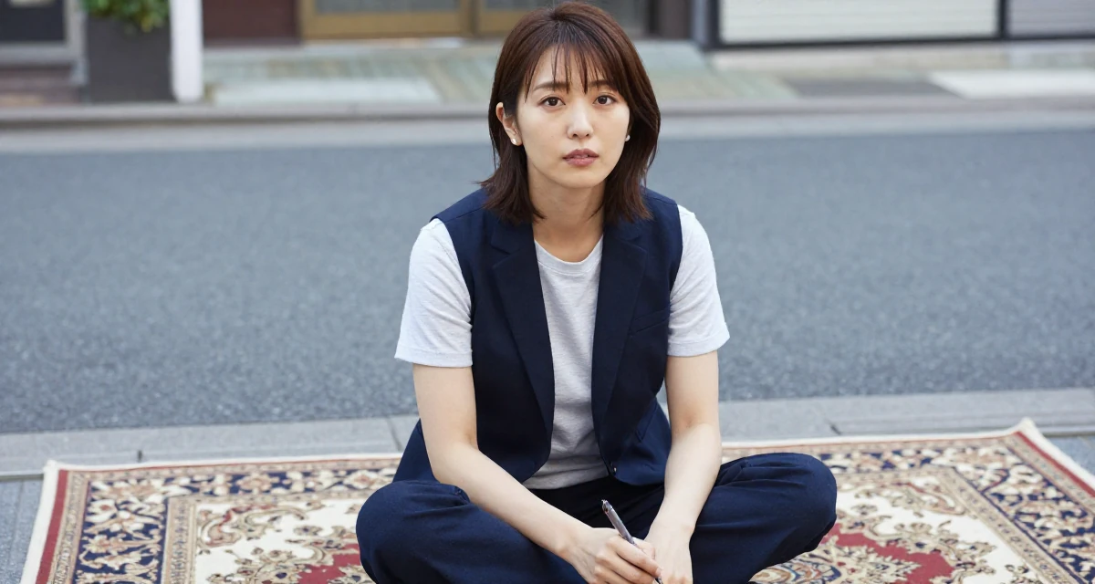 A focused and sharp Female From Tokyo Japan, studied gravure-style posing and aesthetic direction in their 23, developing more mature, confident branding, wearing a casual vest and t-shirt layer, holding a pen poised to write in a urban street.