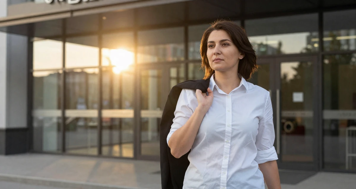 A calm Female From Kazakhstan, based in Almaty, graduated from a state university majoring in journalism in their 41, sharing tips for staying relevant in tech, wearing a crisp button-up with rolled sleeves, holding a jacket over a shoulder in a cinema entrance.