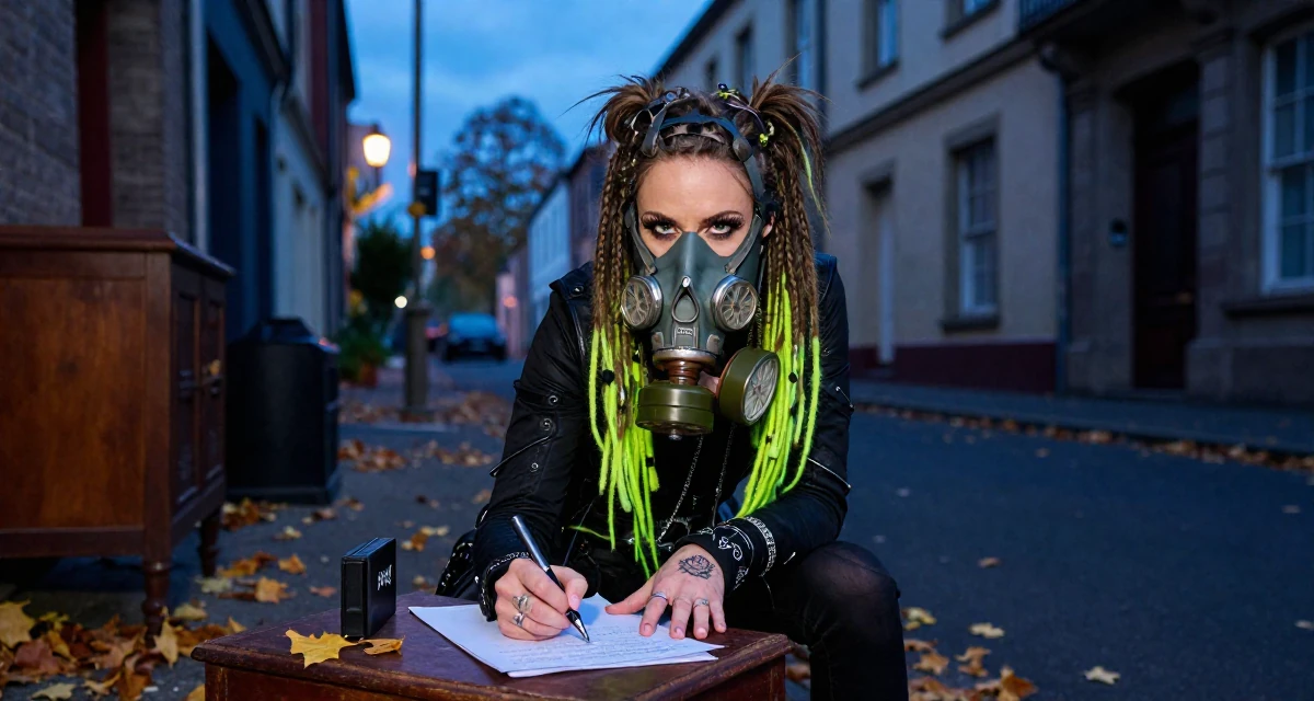 A bold and charismatic Female From Australia, studied event management in their 49, expert in antique restoration and design, wearing a cyber-goth outfit with gas mask and neon dreads, holding a pen poised to write in a quaint European street.