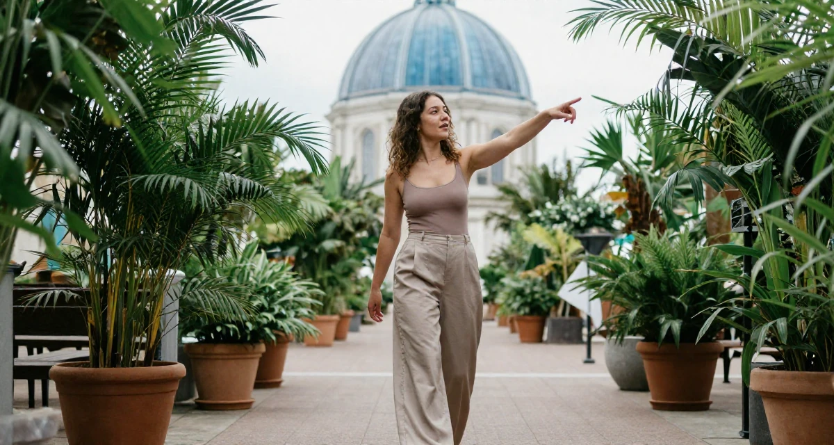 A wild Female From Netherlands, studied media and culture in their 22, exploring slow, teasing video styles within comfort limits, wearing a fitted bodysuit and wide-leg dress pants, pointing at something distant in a wedding venue.