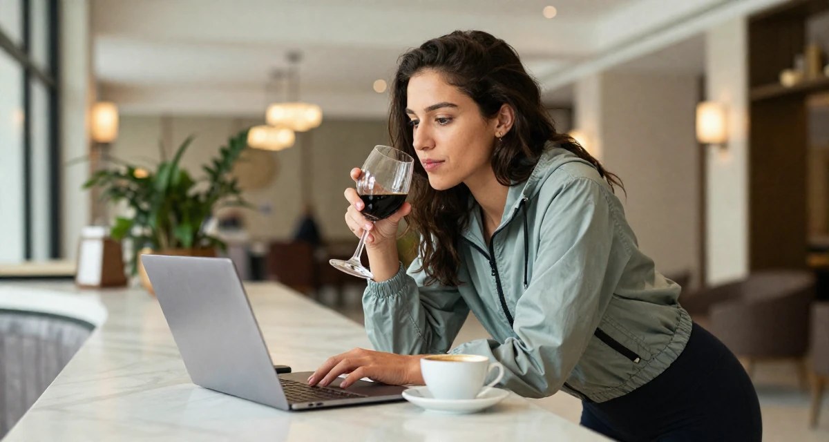 A whimsical Female From Mexico, studied cultural studies in their 22, experimenting with online creative platforms, wearing a sporty windbreaker and leggings, holding a wine glass by the stem in a luxury hotel lobby.