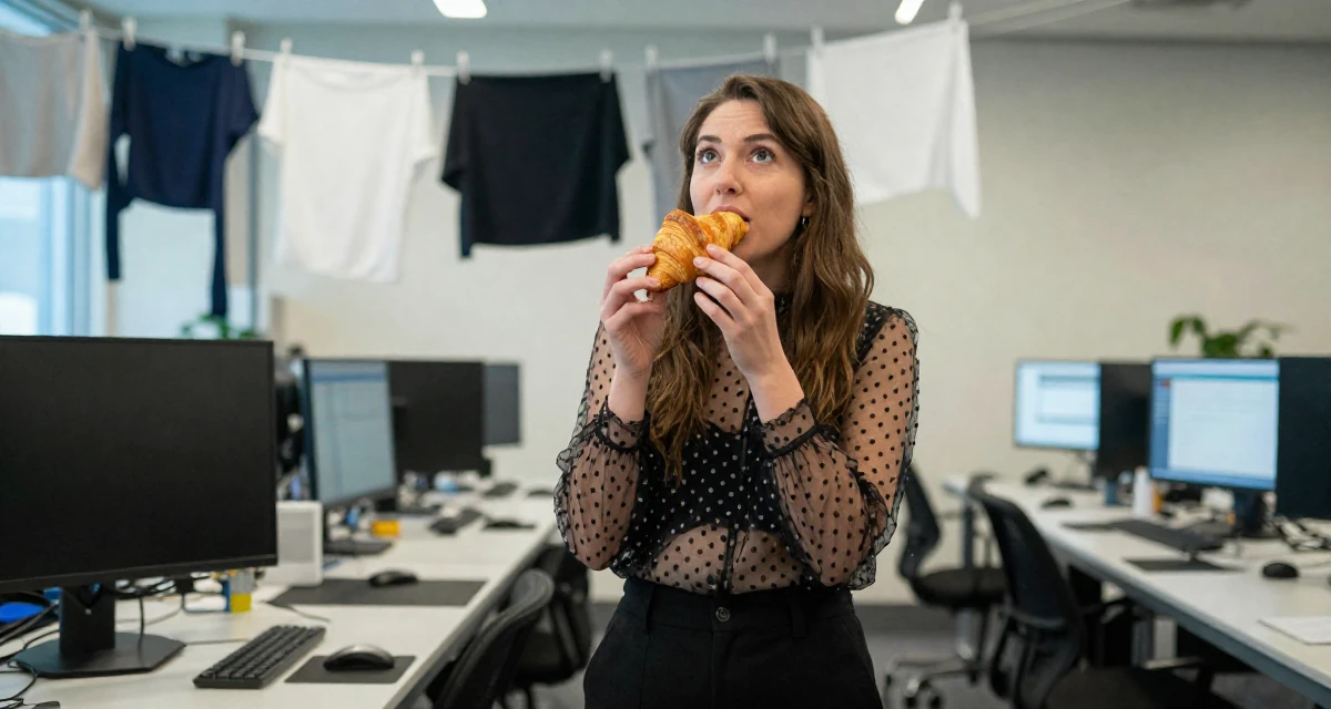 A energetic Female From Canada, based in Vancouver, graduated from an arts institute majoring in creative media in their 25, thinking about quitting but too deep to walk away, wearing a sheer polka dot blouse and black trousers, eating a croissant in a cybernetic computer lab.
