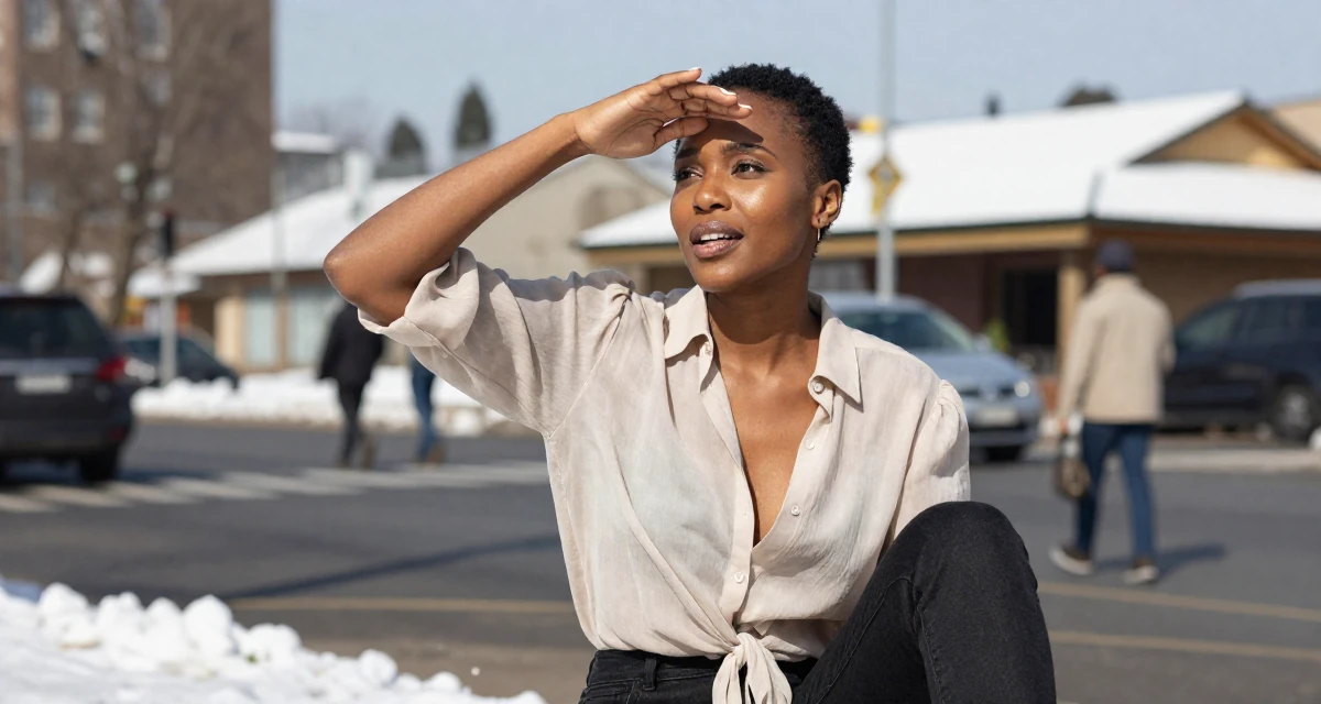 A inspired Female From Rwanda, majored in social innovation in their 50, launching a second act career with passion, wearing a lightweight chiffon blouse slightly unbuttoned, shading eyes from the sun in a busy intersection.