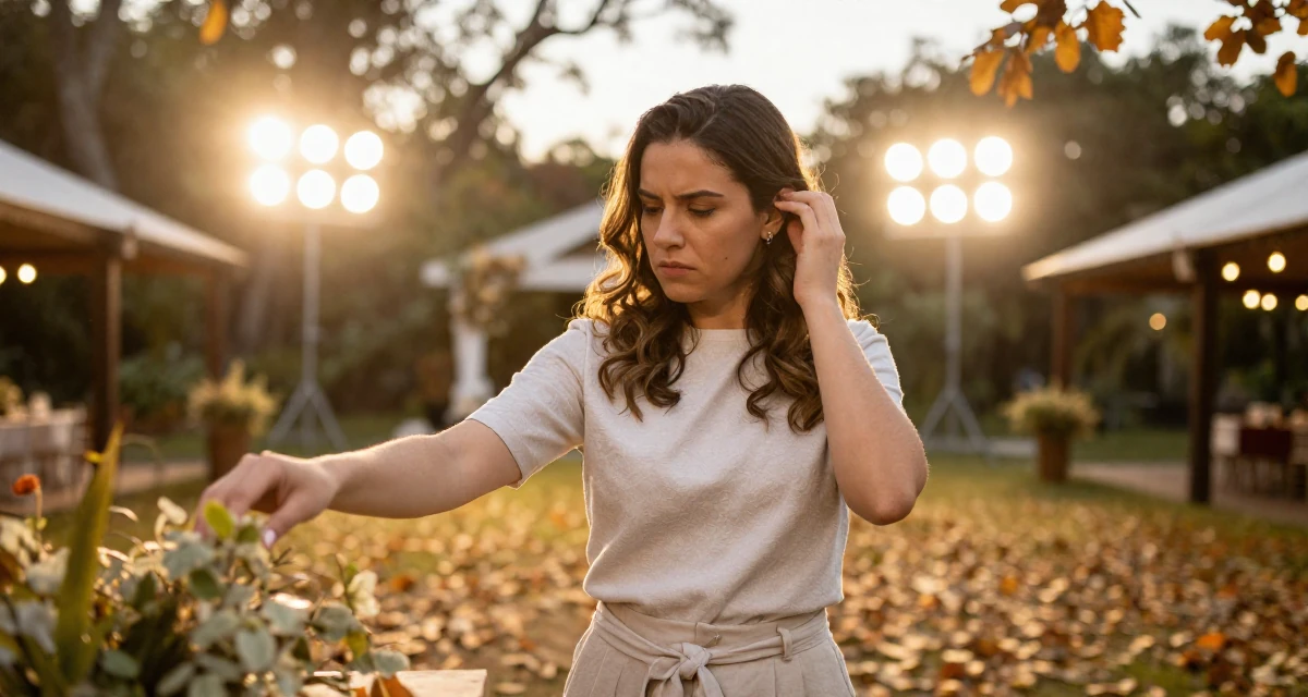 A reassured Female From Brazil, studied software engineering in their 24, fighting guilt when taking a single day off, wearing a clean, neutral-toned casual outfit, tucking hair behind an ear in a wedding venue.
