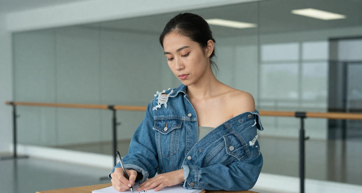 A calm Female From the Philippines, majored in mass media in their 42, sharing the reality of executive burnout, wearing a denim jacket worn off-shoulder over a tube top, holding a pen poised to write in a ballet studio.