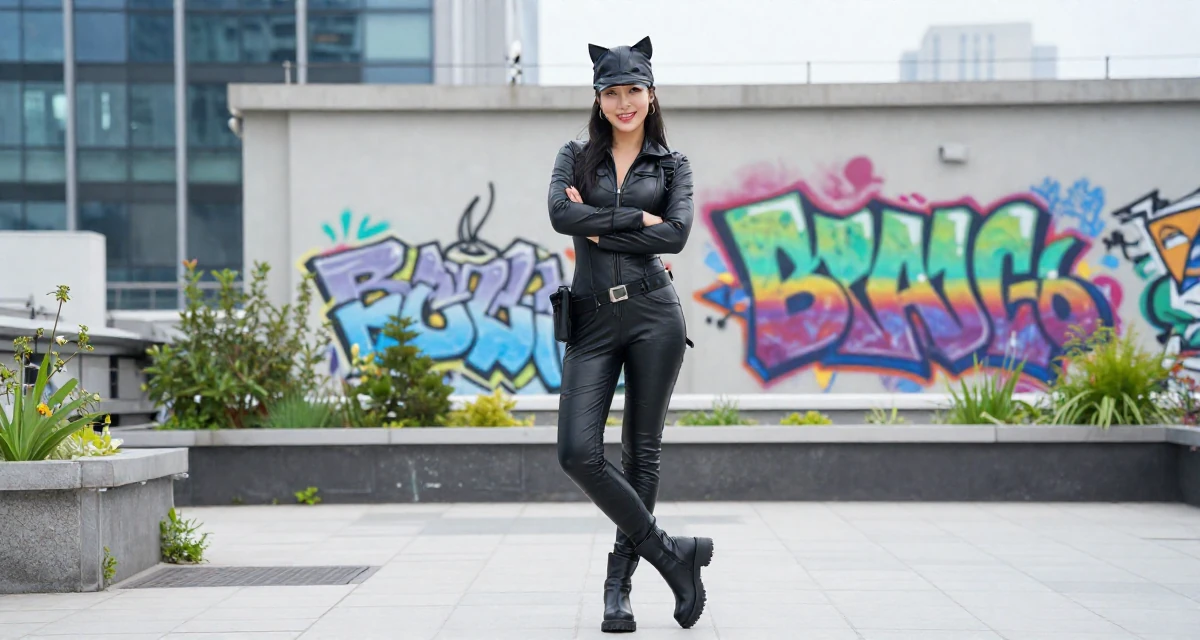 A radiant Female From South Korea, has a background in cosmetics chemistry in their 23, building first professional networks, wearing a tight leather cat burglar suit with a utility belt, tapping a foot in a rooftop garden.