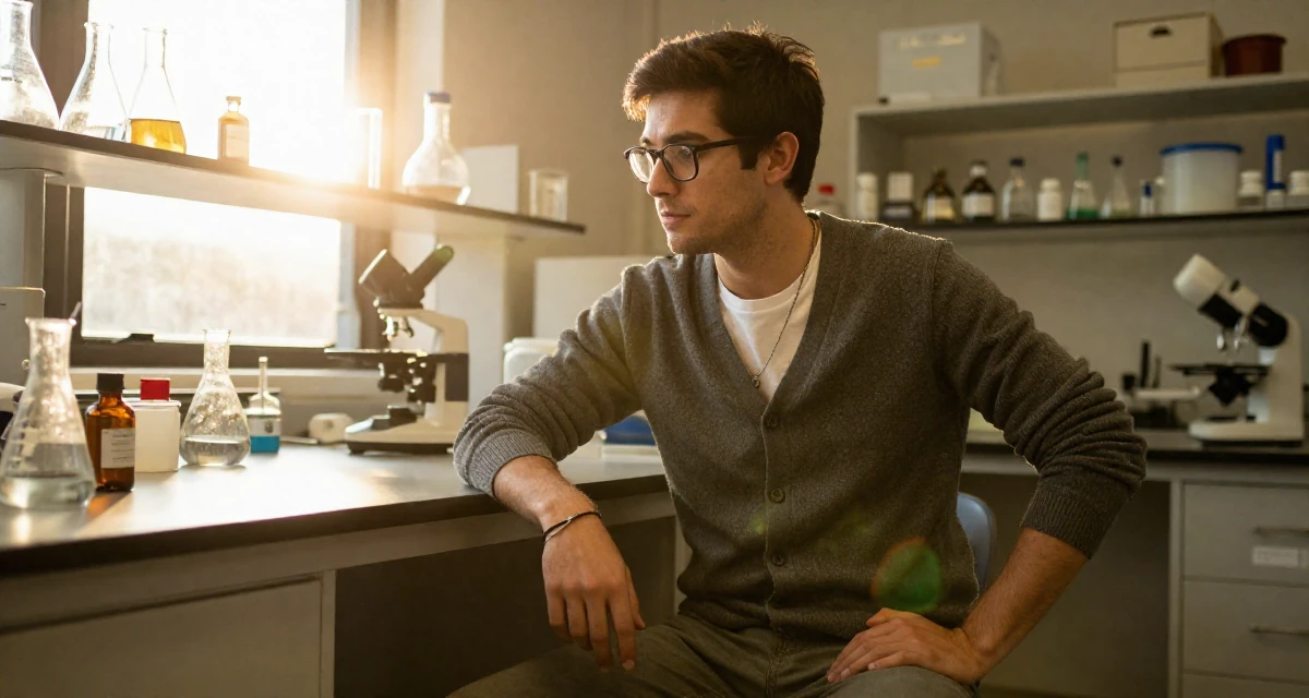 A content male From Australia, studied marine biology on the coast in their 25, figuring out social roles and self-image, wearing a librarian outfit with glasses and a tight cardigan, fiddling with a necklace in a science lab.