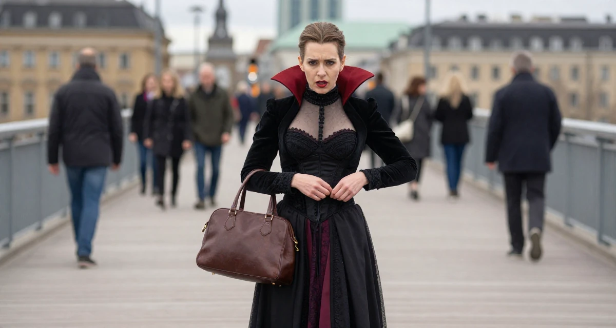 A stunned Female From Sweden, majored in industrial engineering in their 23, balancing vulnerability and professionalism, wearing a vampire queen gown with a high collar and corset, carrying a leather handbag in a bridge walkway.