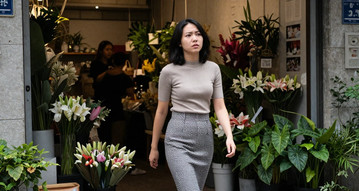 A worried Female From Taiwan, based in Taichung, graduated from an arts academy majoring in visual storytelling in their 24, struggling with inconsistent motivation, wearing a fitted ribbed top and a check pattern skirt, pausing mid-step in a flower shop entrance.