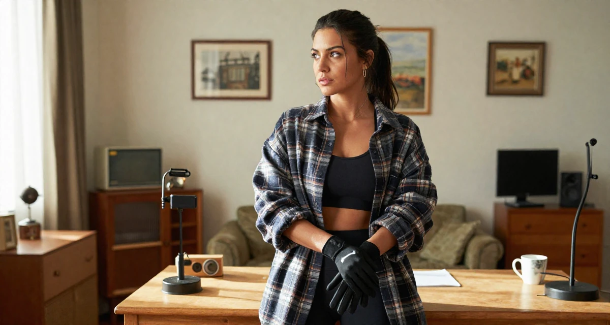 A introspective Female Former aerobics instructor, now filming premium workout sessions in their 22, entering the workforce with limited experience, wearing a oversized flannel shirt unbuttoned over a crop top, putting on a glove in a sunlit living room.