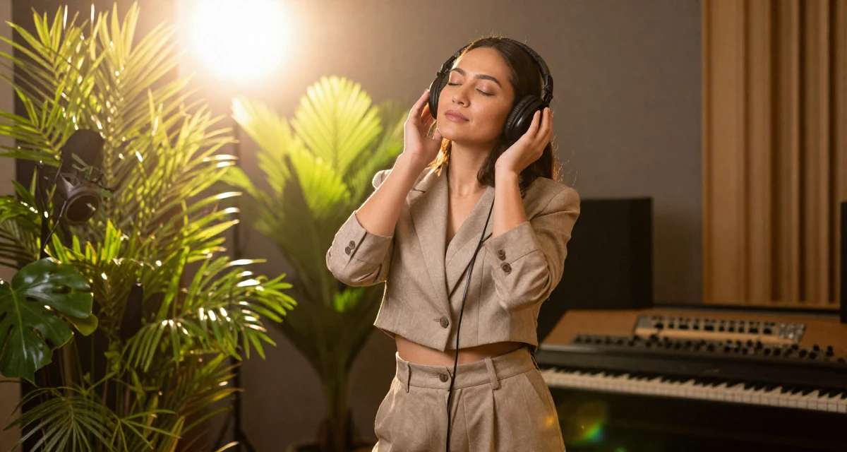 A zen-like Female Born in Indonesia, studied brand communication in their 47, revitalizing a marriage after twenty years, wearing a cropped blazer and high-waisted trousers set, listening to music with headphones in a music studio.