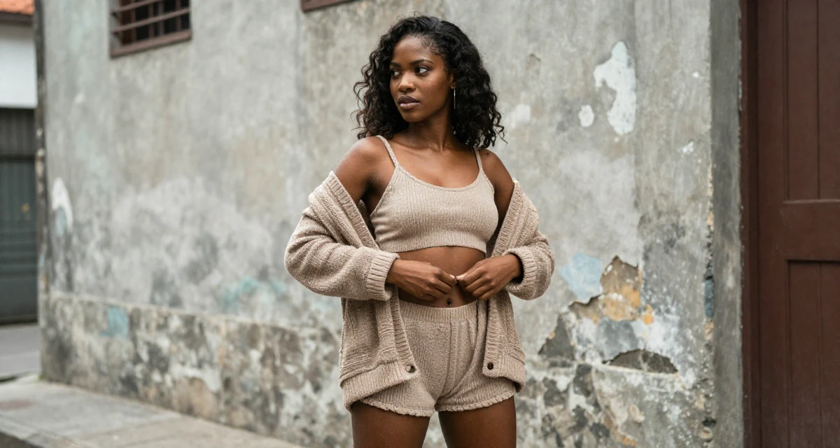 A commanding Female From Trinidad & Tobago, studied performing arts in their 23, learning to express sensuality without crossing personal limits, wearing a knitted loungewear shorts and a matching tiny top, buttoning up a jacket in a urban street.
