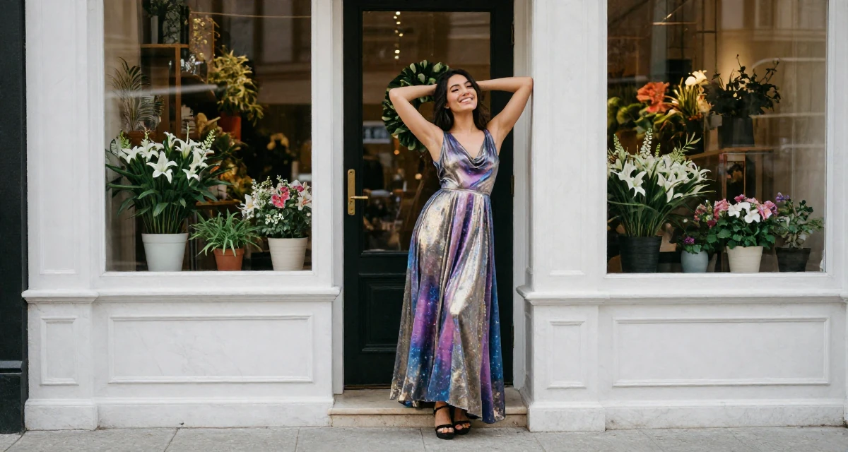 A optimistic Female From New York USA, studied film and television in their 26, chasing the digital nomad lifestyle dream, wearing a galactic princess gown with metallic fabrics, stepping onto a curb in a flower shop entrance.