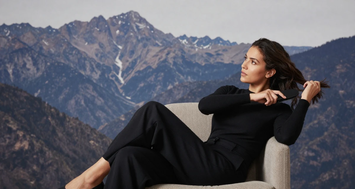 A curious Female From Ecuador, studied system engineering in their 23, finding comfort in semi-bold outfits that feel empowering, wearing a urban minimalist silhouette, brushing hair back in a photo studio.