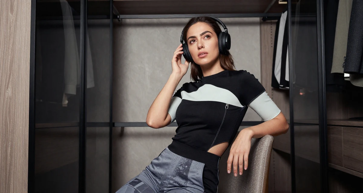 A determined Female From Turkey, majored in mechatronics in their 44, advocate for financial literacy for women, wearing a modern tech-wear inspired look, listening to music with headphones in a walk-in wardrobe.