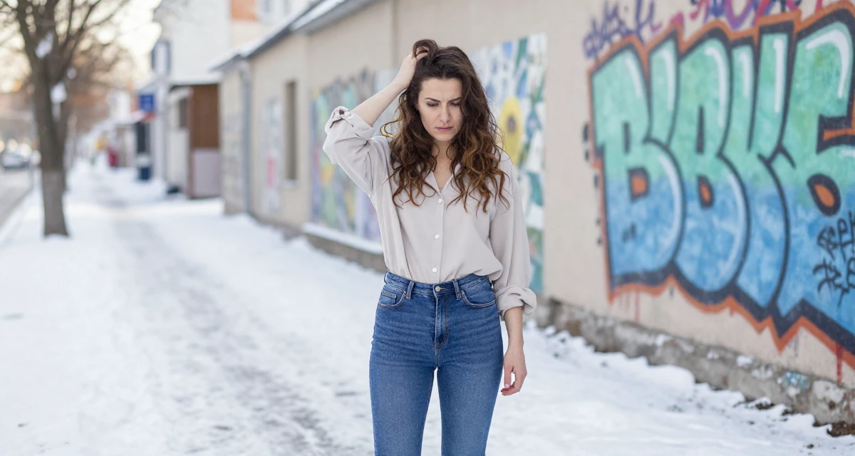 A seriously concentrated Female From Poland, studied biotechnology in their 30, recovering workaholic learning to relax, wearing a loose fitting blouse tucked into tight jeans, pushing hair from face in a snowy sidewalk.