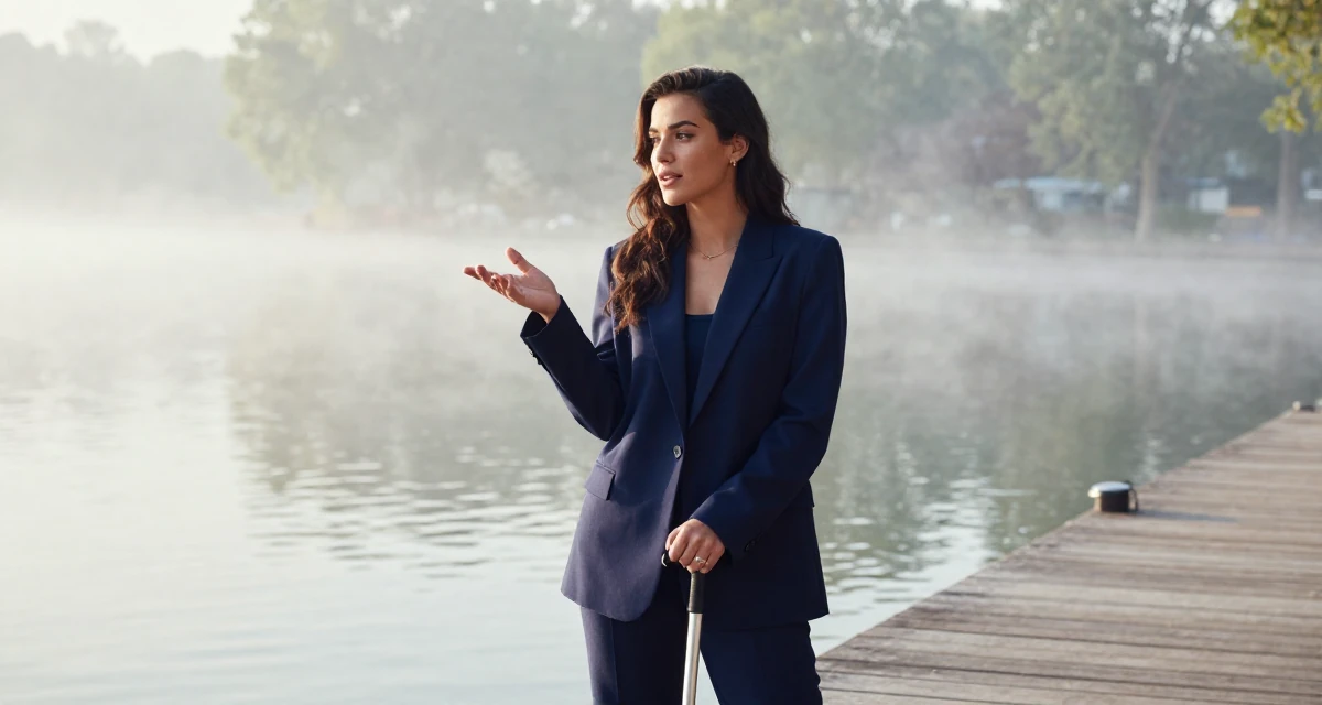 A aloof but intriguing Female Previously a hairstylist, now showcasing transformation-driven content in their 23, feeling the thrill of posting a bold outfit for the first time, wearing a relaxed fit suit separate, gesturing while talking in a serene lakeside dock.