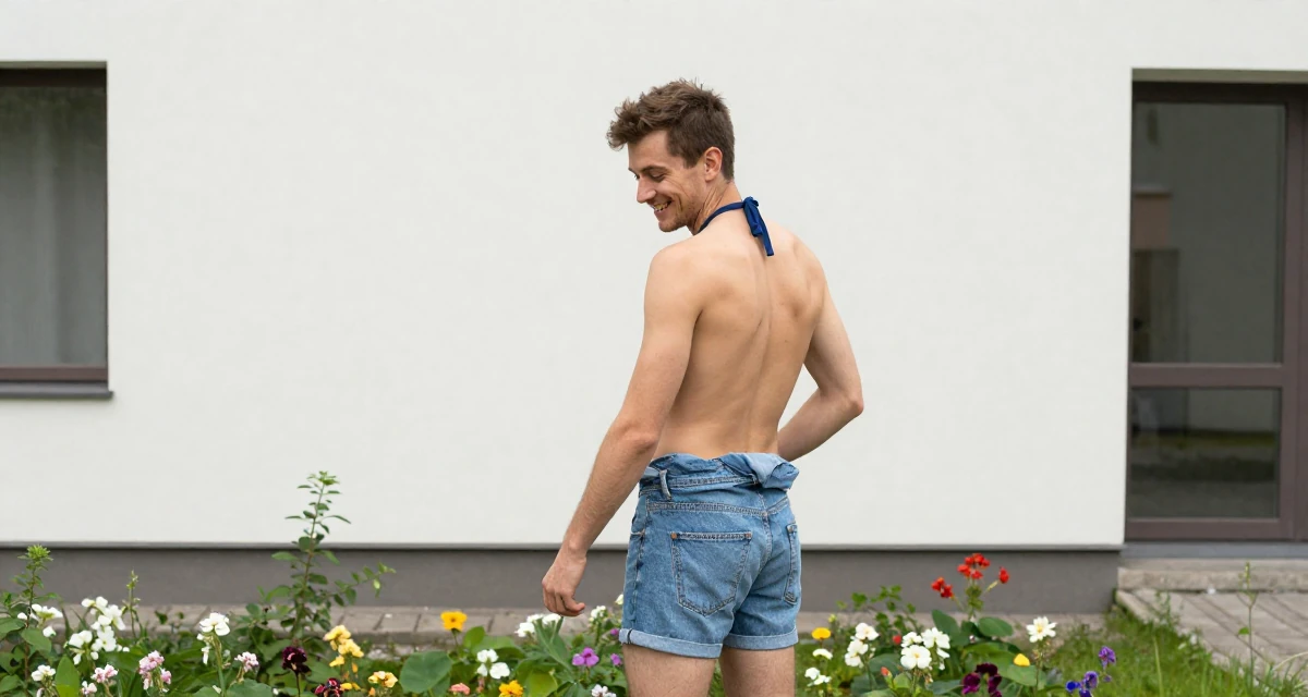 A joyful male From Czech Republic, based in Ostrava, graduated from a creative university majoring in emotional visual arts in their 23, building content while fighting the urge to quit every week, wearing a backless halter top and denim shorts, smoothing out clothes in a blooming flower garden.