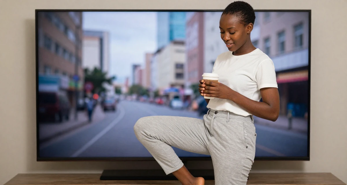 A radiant Female From Nigeria, studied biomedical science in their 29, navigating the fear of stagnation in a saturated market, wearing a minimalist everyday clothing, holding a coffee cup with both hands in a tv set.
