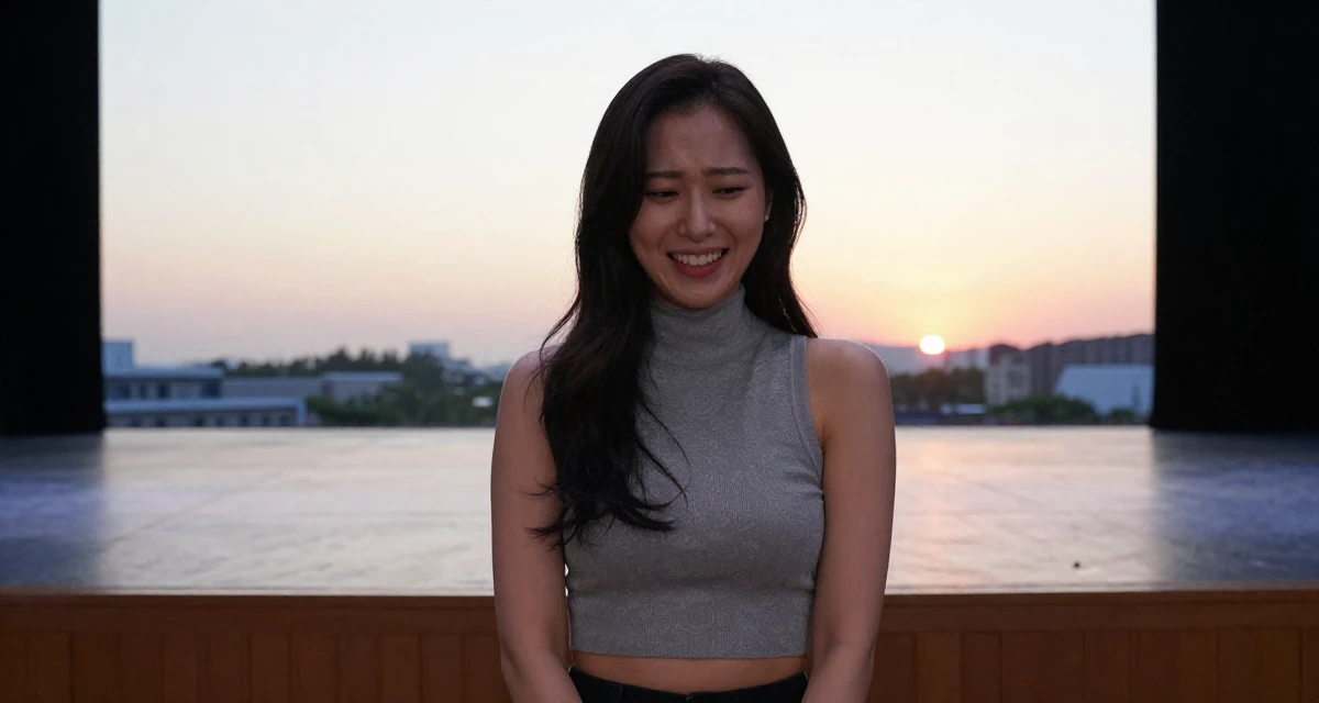 A disinterested Female From South Korea, studied textile design and fashion in their 20, feeling a mix of excitement and deep anxiety, wearing a high-neck sleeveless crop top showing toned arms, laughing softly in a empty theater stage.